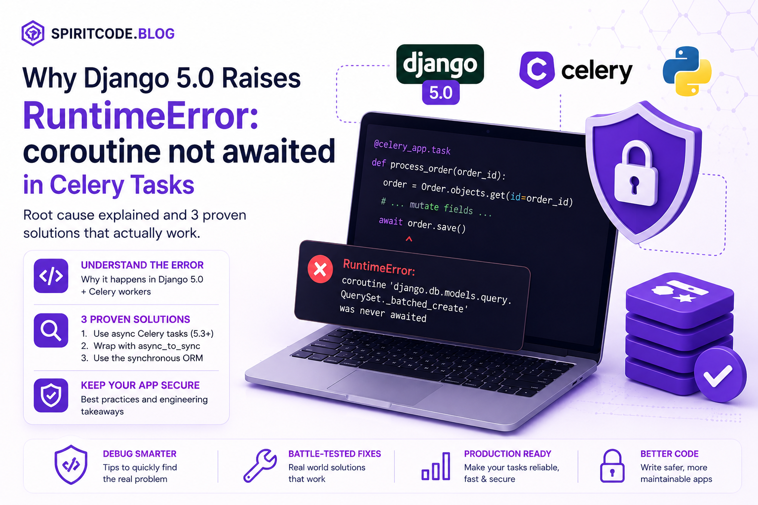 Why does Django 5.0 raise ‘RuntimeError: coroutine not awaited’ when using async ORM inside a Celery task